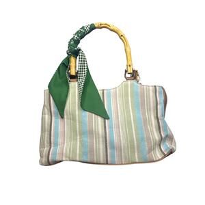 G.H. Bass Striped Canvas Bamboo Handle Handbag Tote Scarf